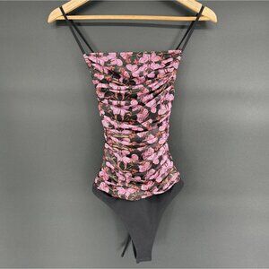 Free People Womens Ruched Butterfly Print Bodysuit XS Black Pink Going Out Top